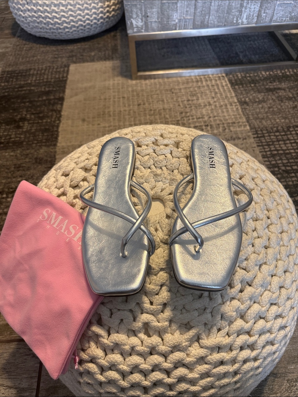 SMASH Silver Square-Toe Strappy Slide Sandals